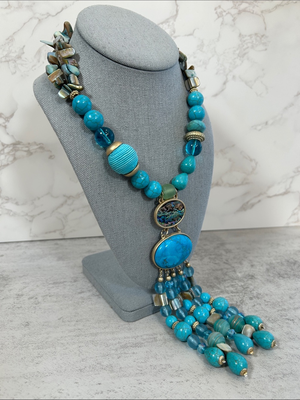 Chico's Lily Necklace Blue Stone Beaded and Abalone Shell Pendant w stone Tassel